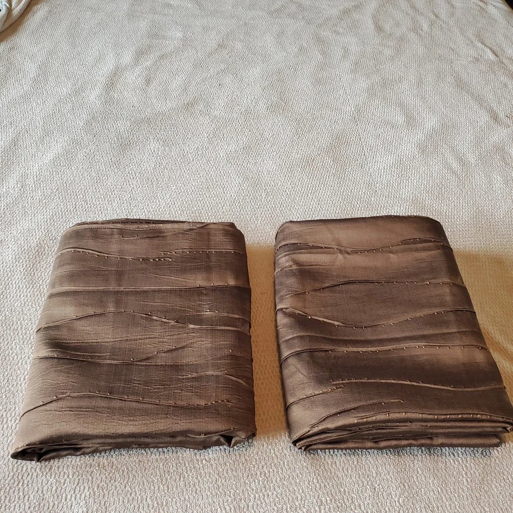 Mocha Brown Wavy Pleated Faux Silk‎ Grommet Curtain Panels Set of 2 54x84